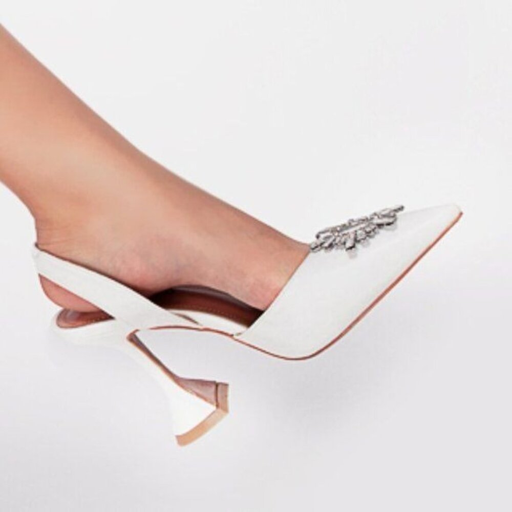 MICXKLZO White Slingback Pointed Toe High Heels Slip On Heeled Sandals Shoes